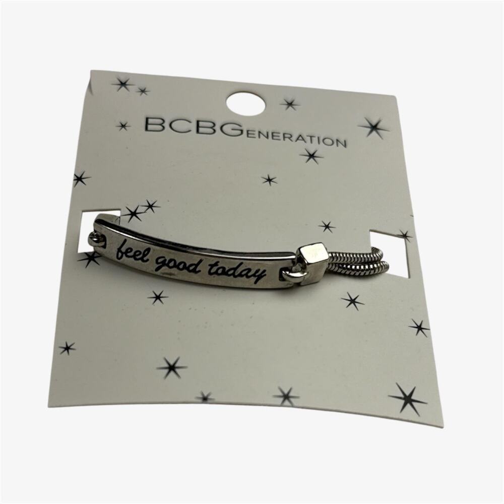 Silver charm bracelet that reads